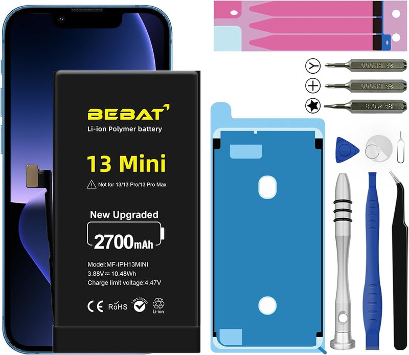 BEBAT Replacement for iPhone 13 MINI Battery, 2700mAh High Capacity Li-ion Polymer Replacement Battery for Model A2628 A2481 A2626 A2629 with Professional Repair Tool Kits - Image 1